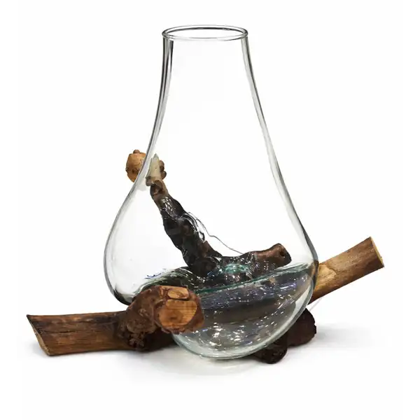 گلدان دکوراتیو شیشه و چوب رُستیکا